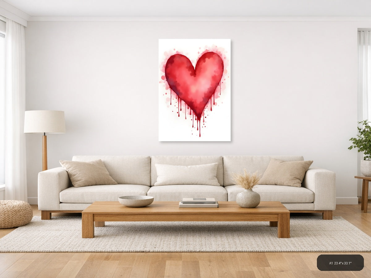 Red Watercolor Heart with Dripping Paint Wall Art — A1 / Living Room