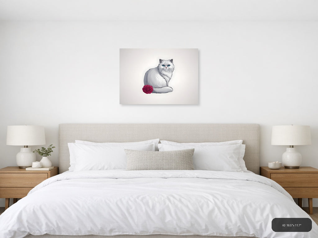 White Fluffy Cat with Blue Eyes and Rose - Minimalist Wall Art — A3 / Bedroom