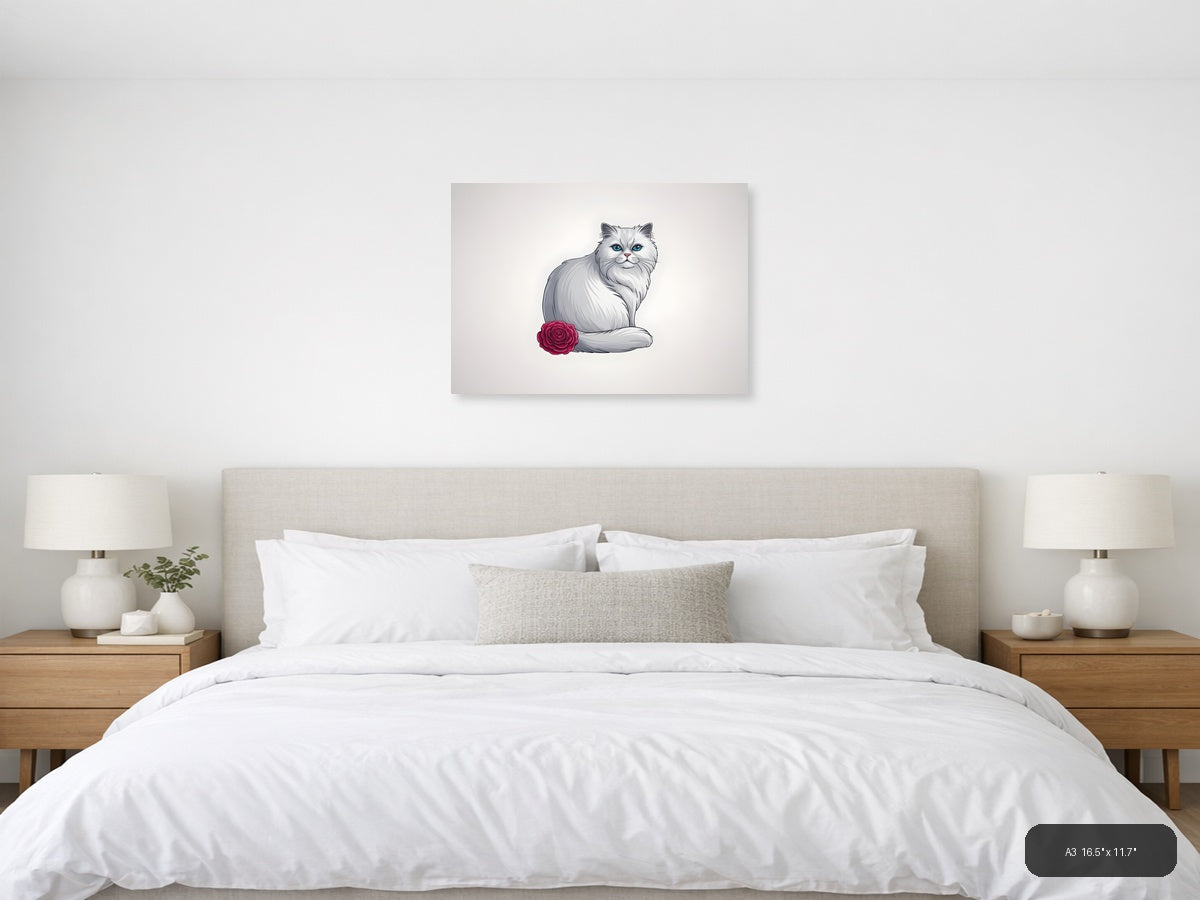 White Fluffy Cat with Blue Eyes and Rose - Minimalist Wall Art — A3 / Bedroom
