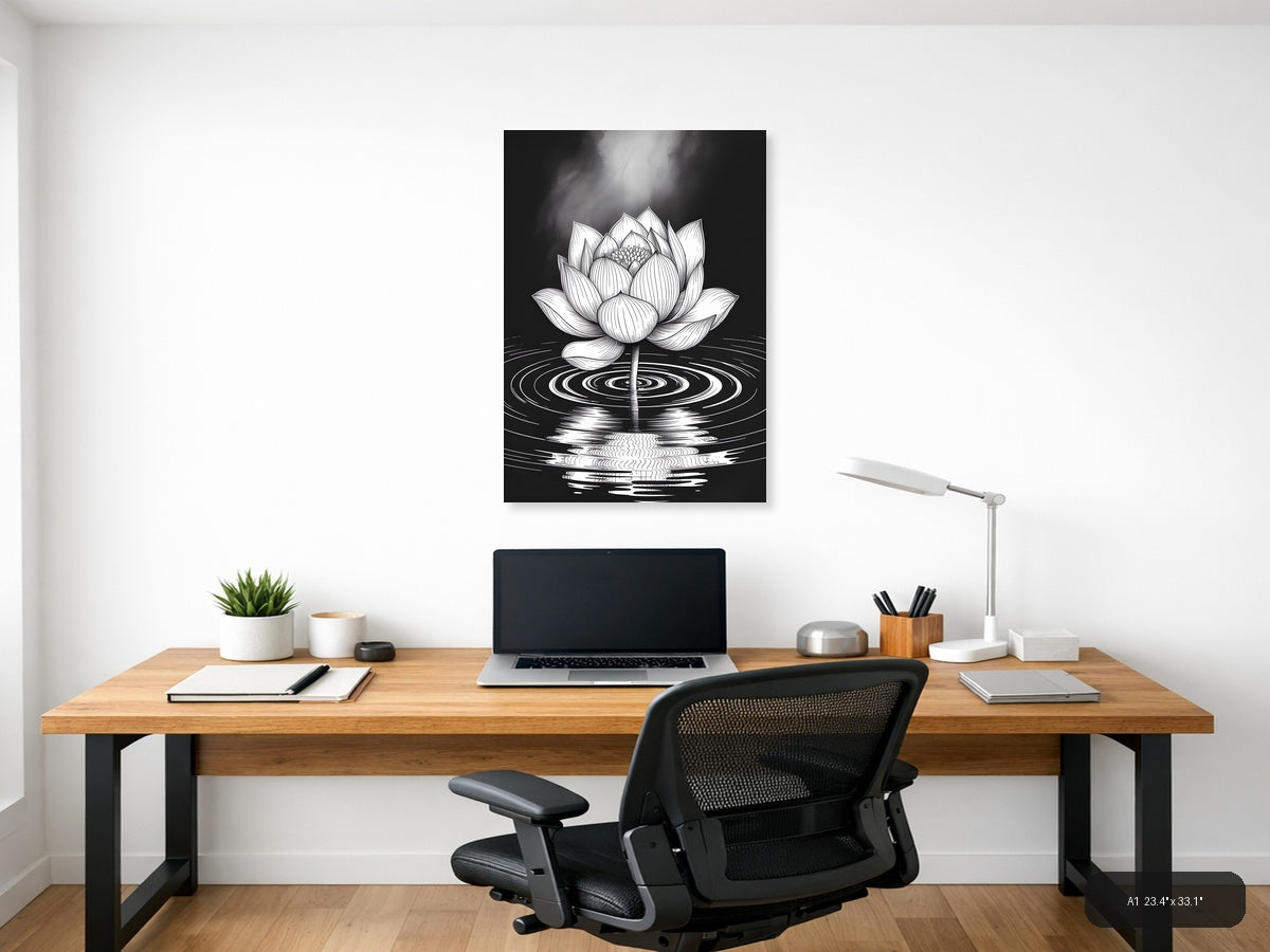 Lotus Flower Ripples Black & White Line Art Wall Art — A1 / Office