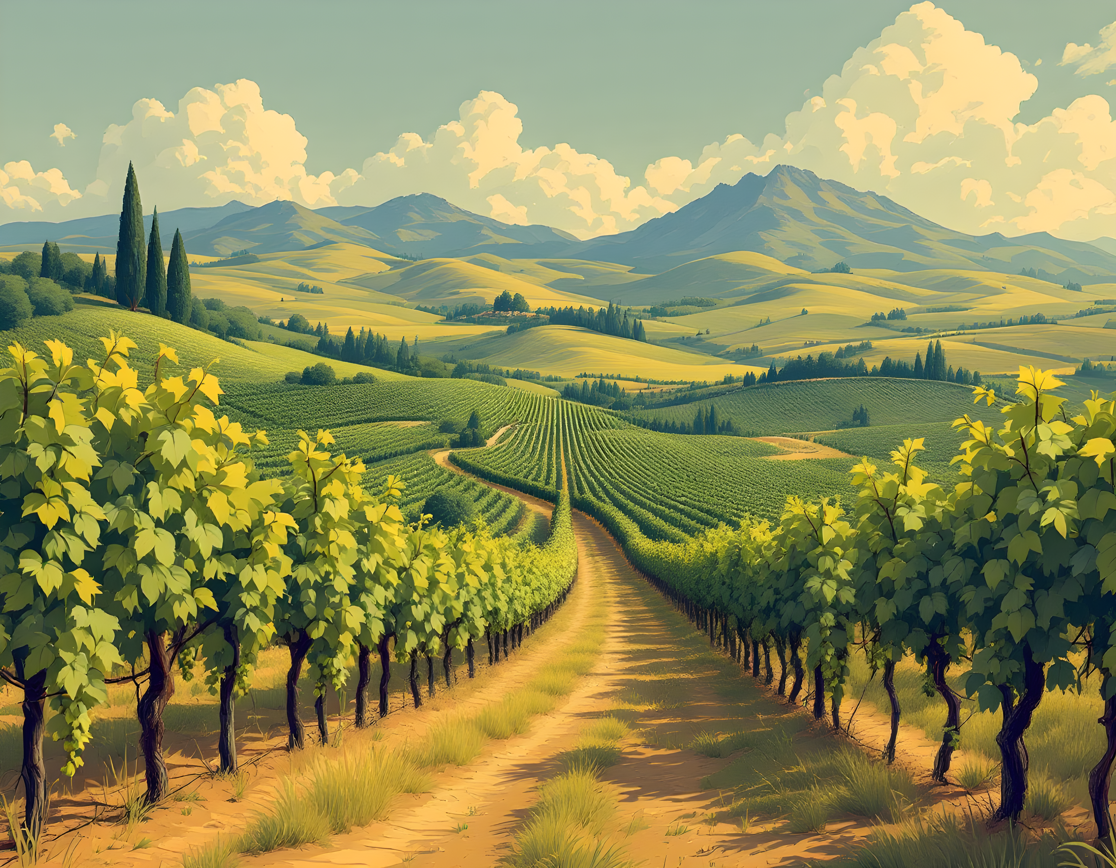 Vintage Tuscan Vineyard Landscape with Mountains Wall Art