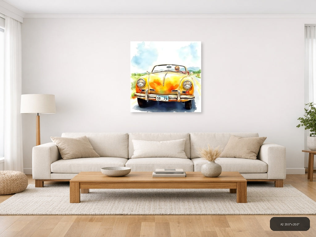 Yellow Convertible Car Watercolor Painting Wall Art — A2 / Living Room