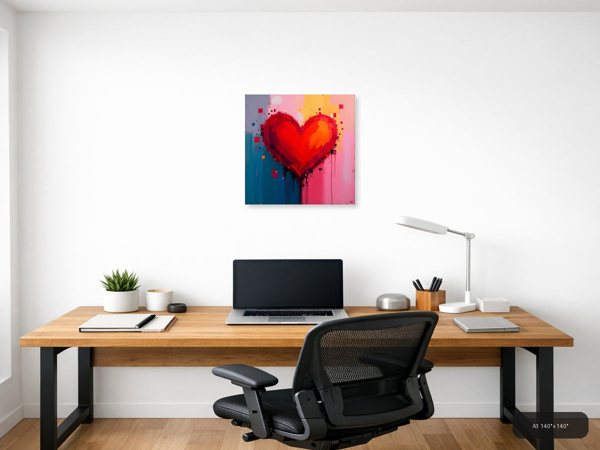 Abstract Red Heart with Dripping Paint Wall Art — A3 / Office