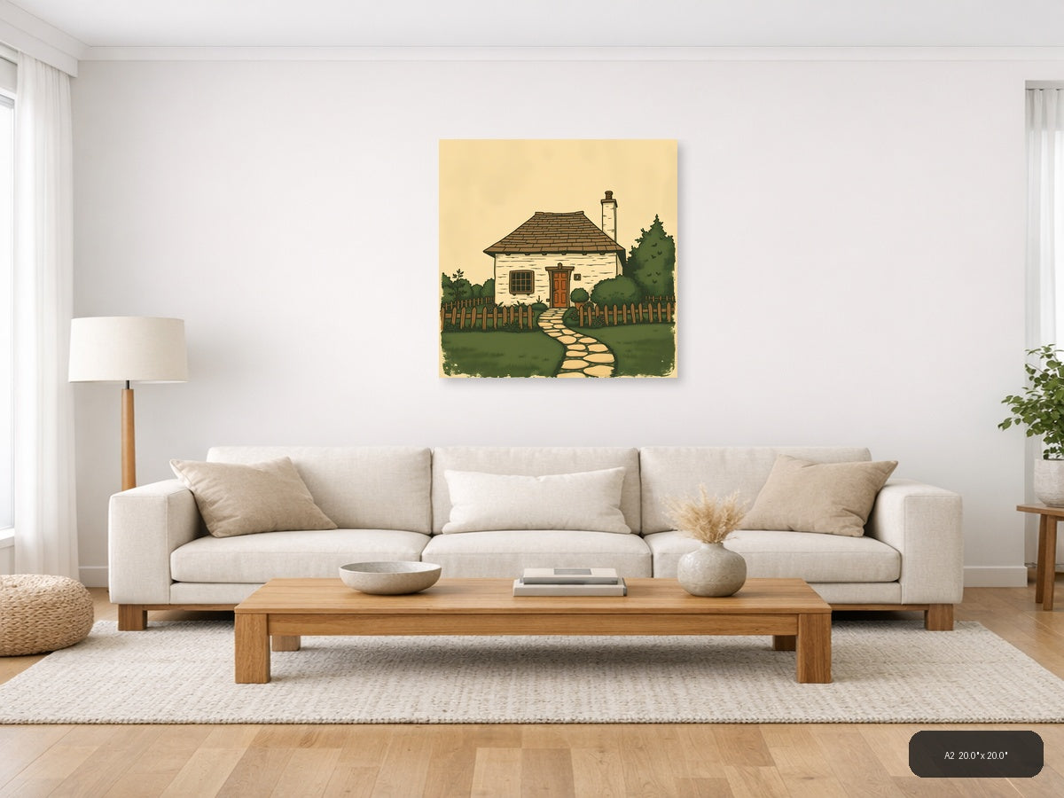 Vintage Cottage with Chimney & Garden Fence Wall Art — A2 / Living Room