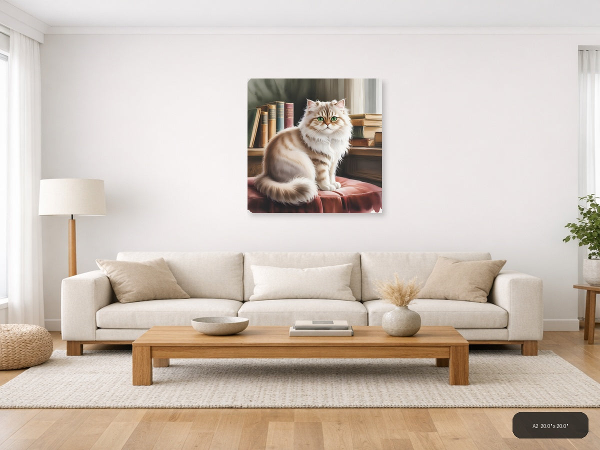 Fluffy White Cat with Green Eyes Watercolor Wall Art — A2 / Living Room
