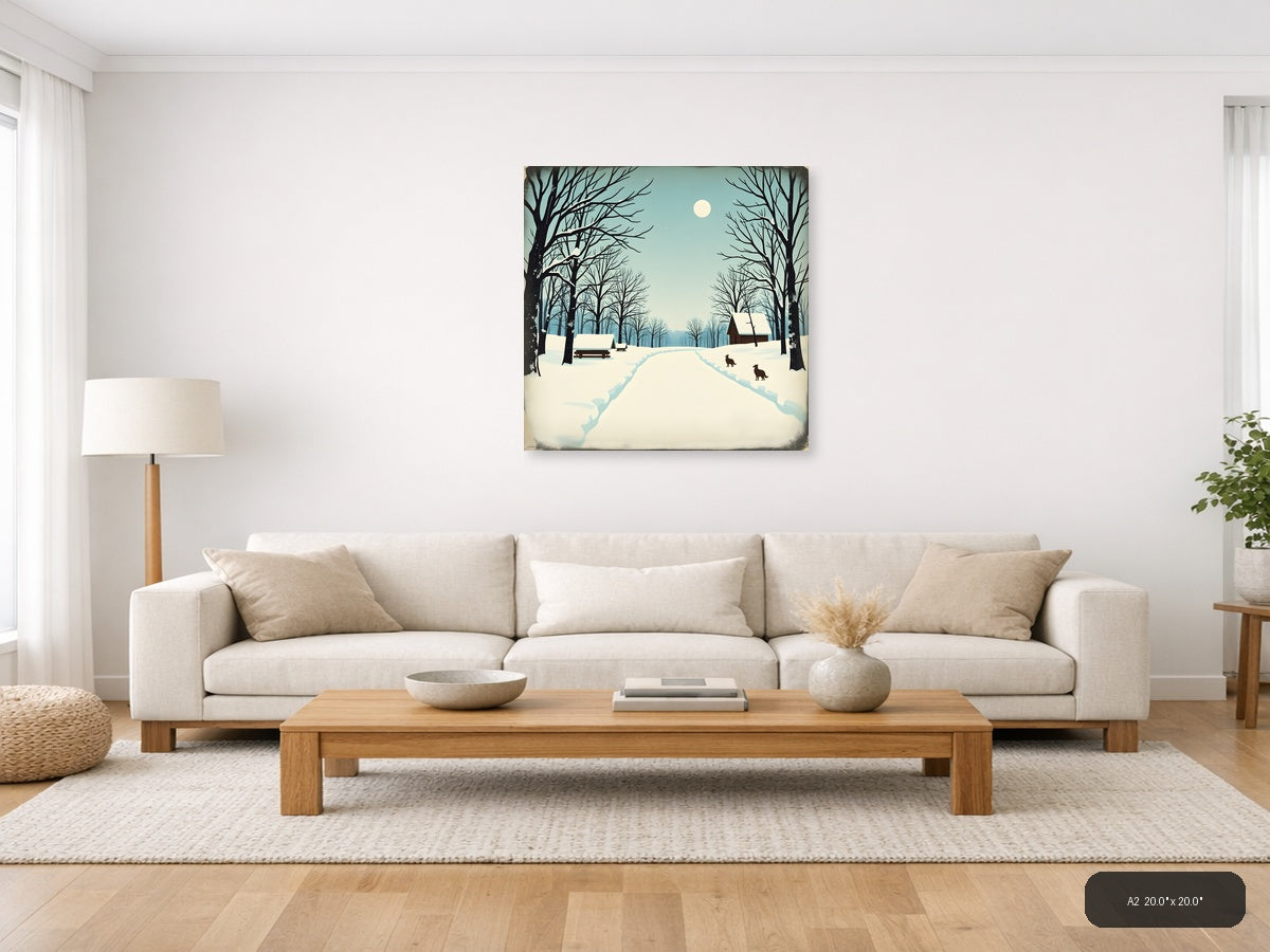 Vintage Winter Landscape with Cabin and Moon Wall Art — A2 / Living Room