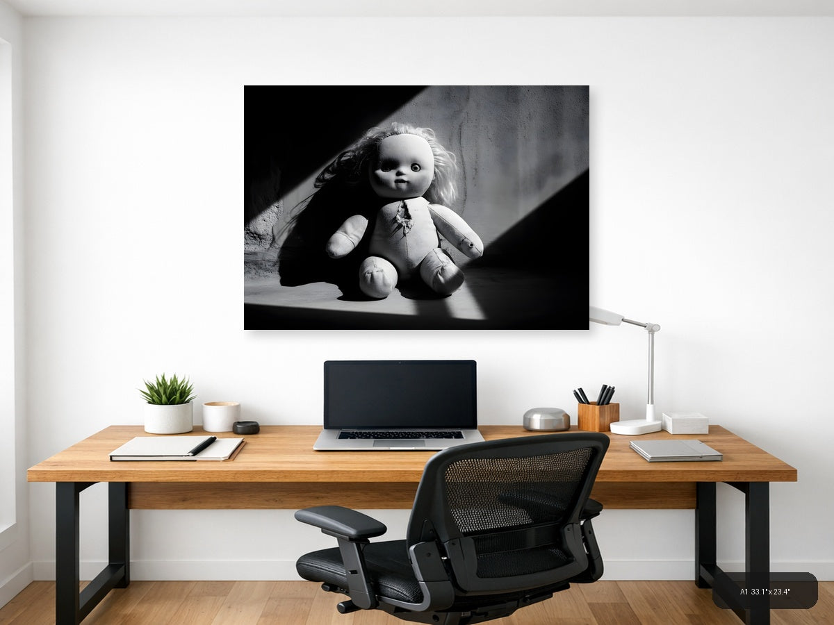 Haunting Doll Portrait Black and White Photography Wall Art — A1 / Office