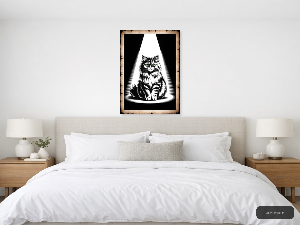 Majestic Fluffy Cat Green Eyes Black & White Wall Art — A1 / Bedroom