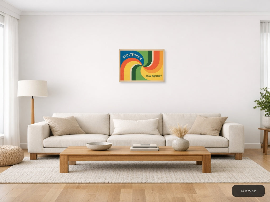 Vintage Retro Rainbow Curves 'Stay Positive' Wall Art — A4 / Living Room
