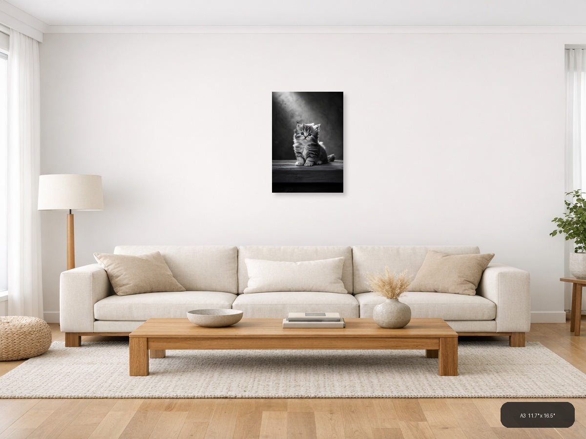 Fluffy Kitten Portrait Black and White Photography Wall Art — A3 / Living Room