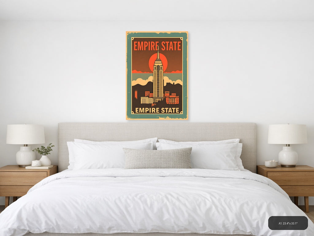 Empire State Building Vintage Art Deco Wall Art Print — A1 / Bedroom