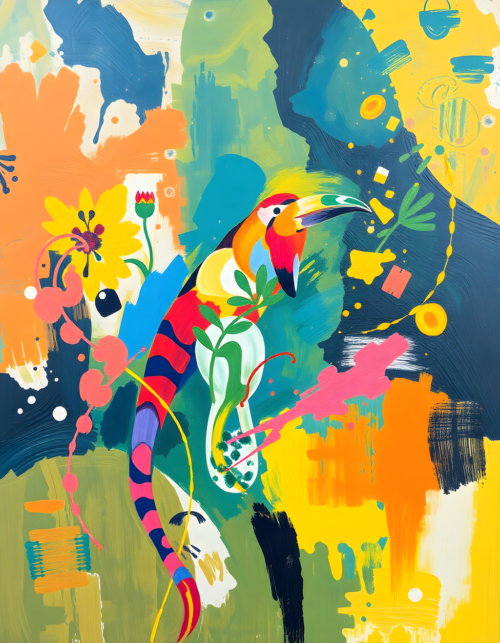 Vibrant Toucan & Floral Abstract Portrait Wall Art