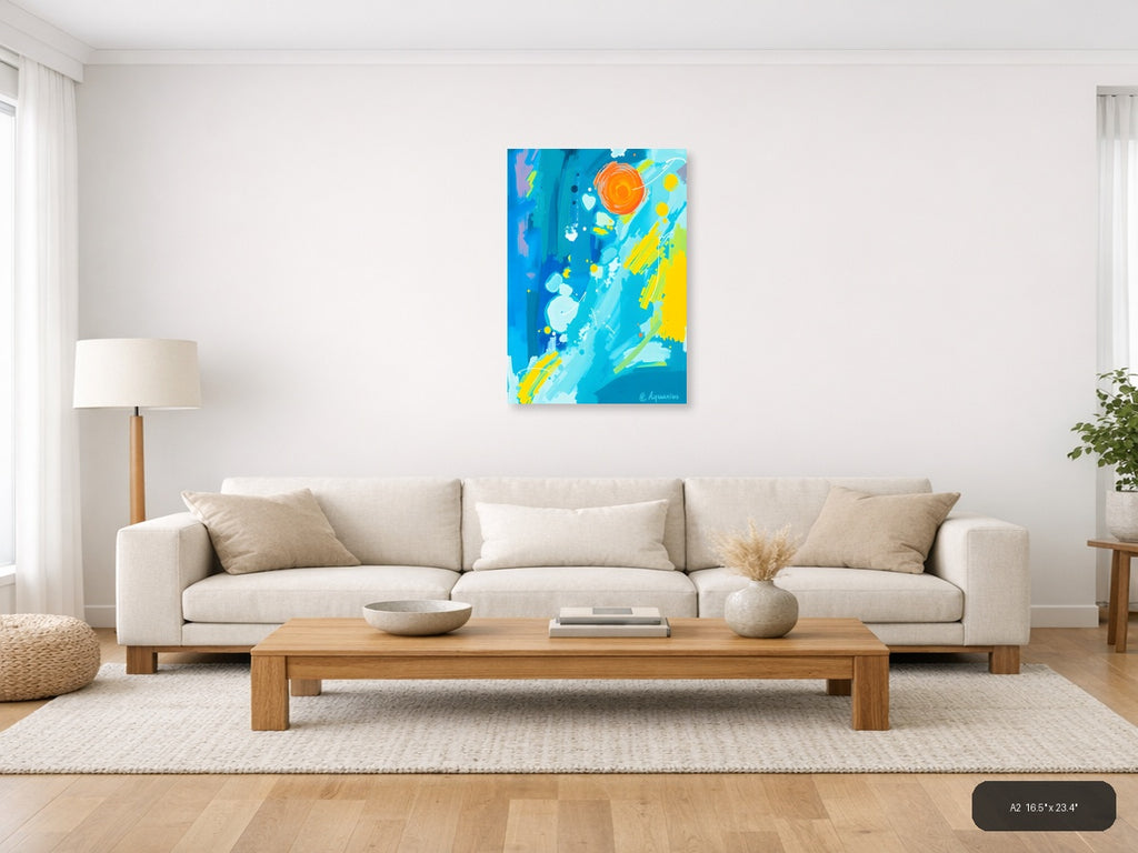 Abstract Blue Sky with Orange Sun & Planets Wall Art — A2 / Living Room