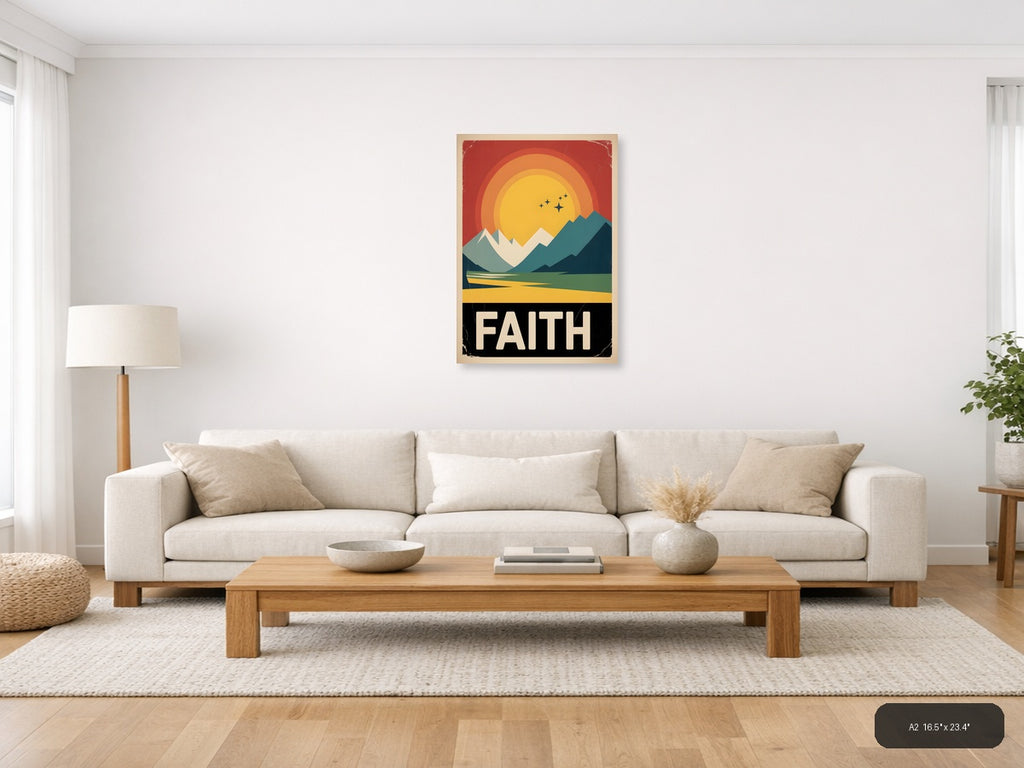 Vintage Faith Mountain Sunset Wall Art Print — A2 / Living Room