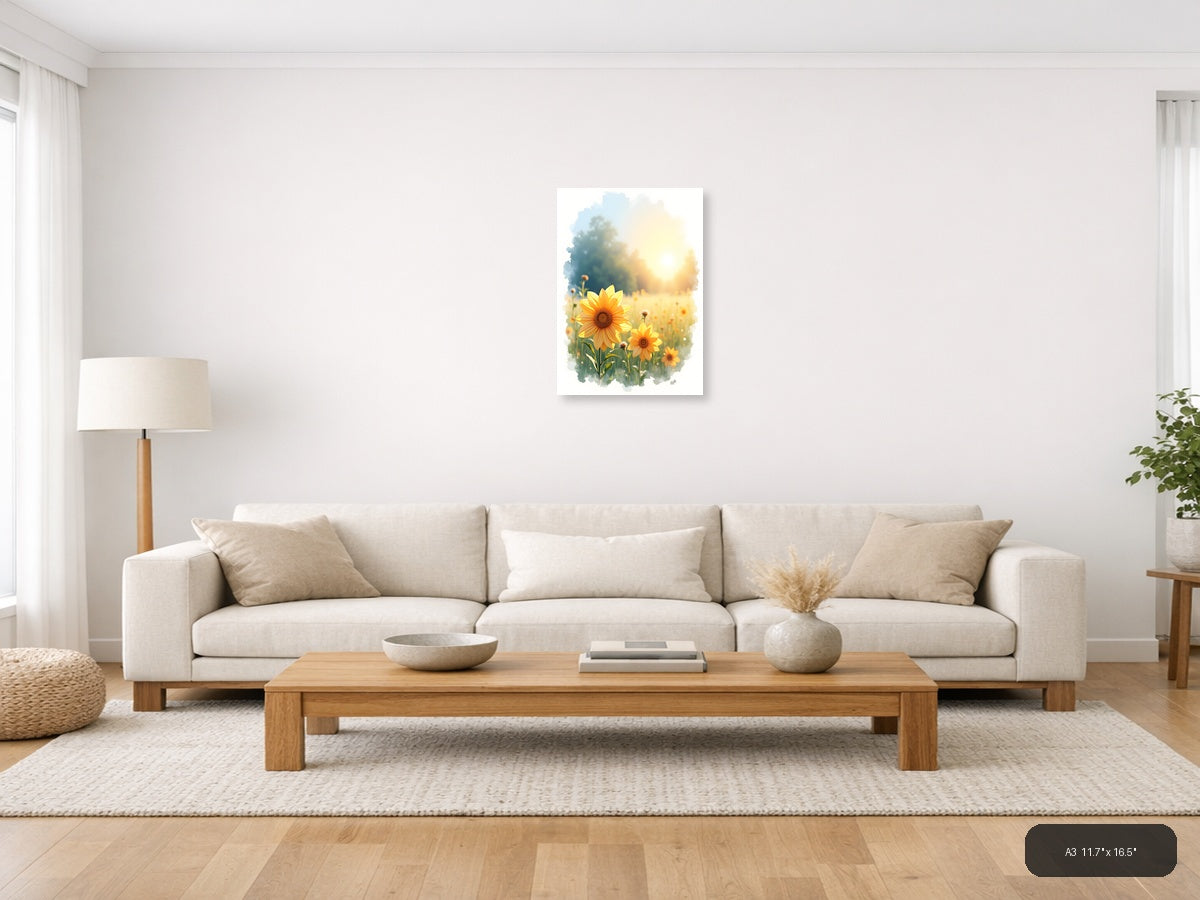 Sunflowers in Golden Light Watercolor Wall Art — A3 / Living Room
