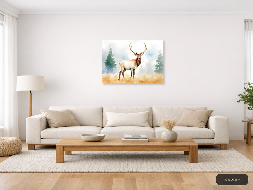 Majestic Elk in Forest Watercolor Wall Art — A3 / Living Room