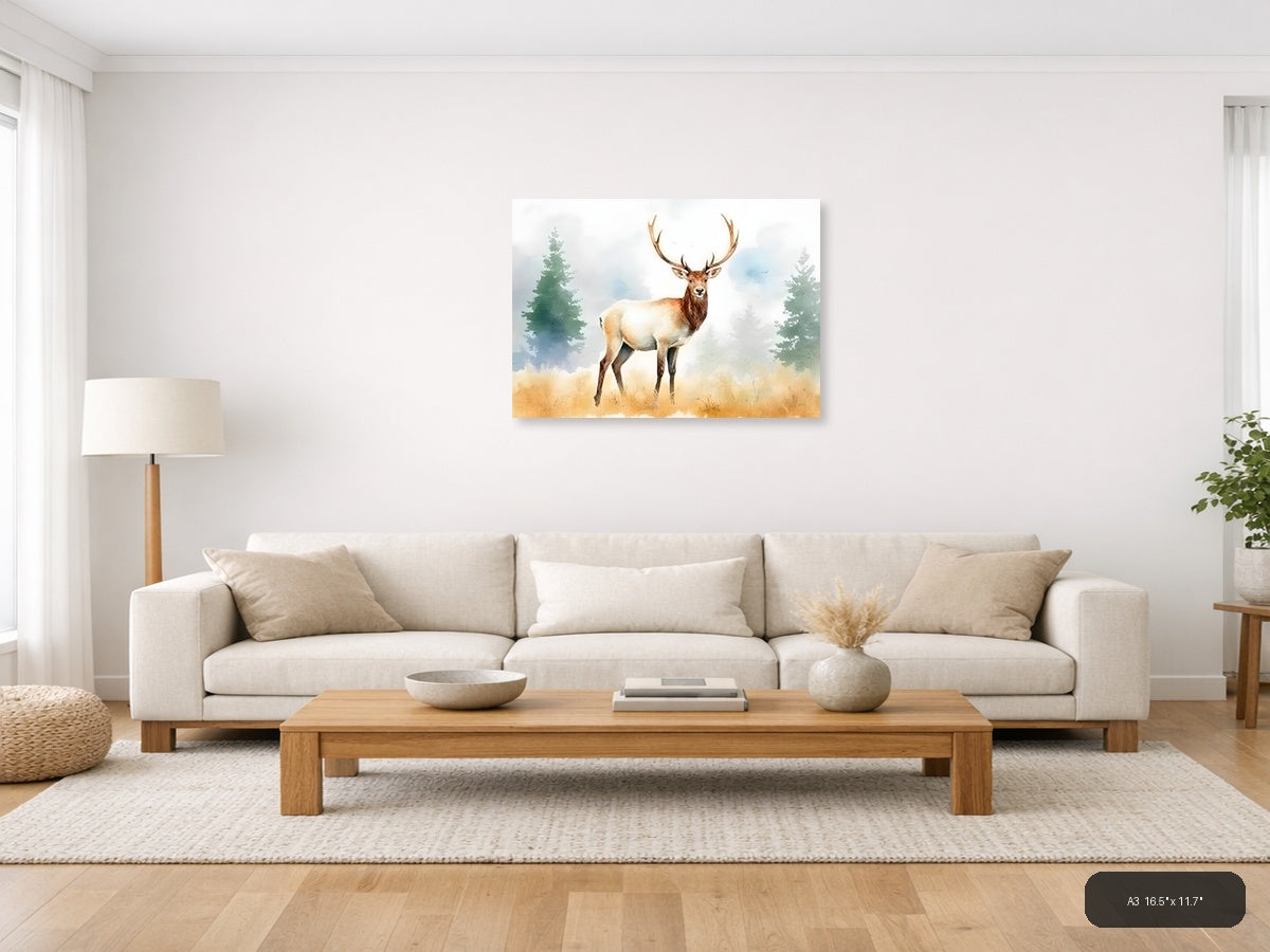 Majestic Elk in Forest Watercolor Wall Art — A3 / Living Room