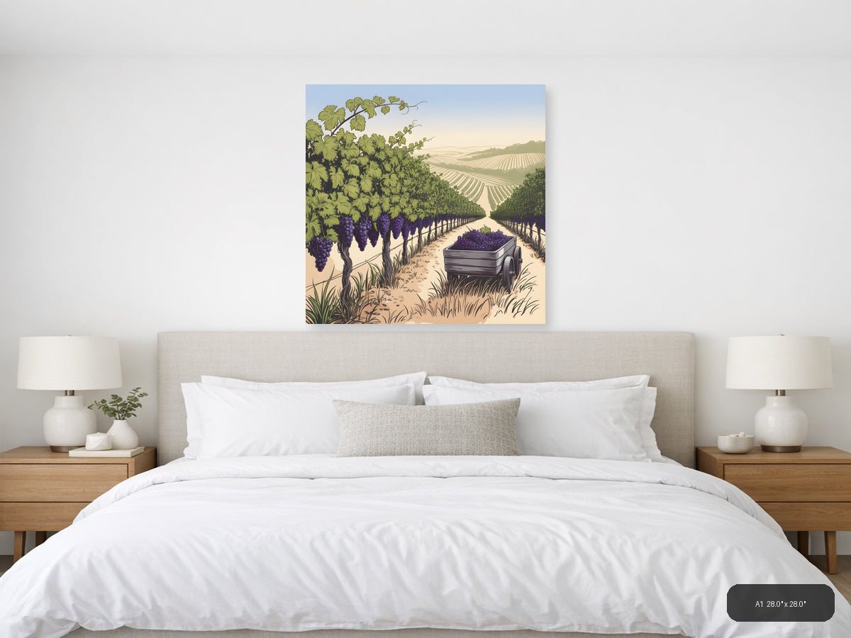 Vineyard Harvest Line Art - Purple Grapes Wine Country Wall Art — A1 / Bedroom