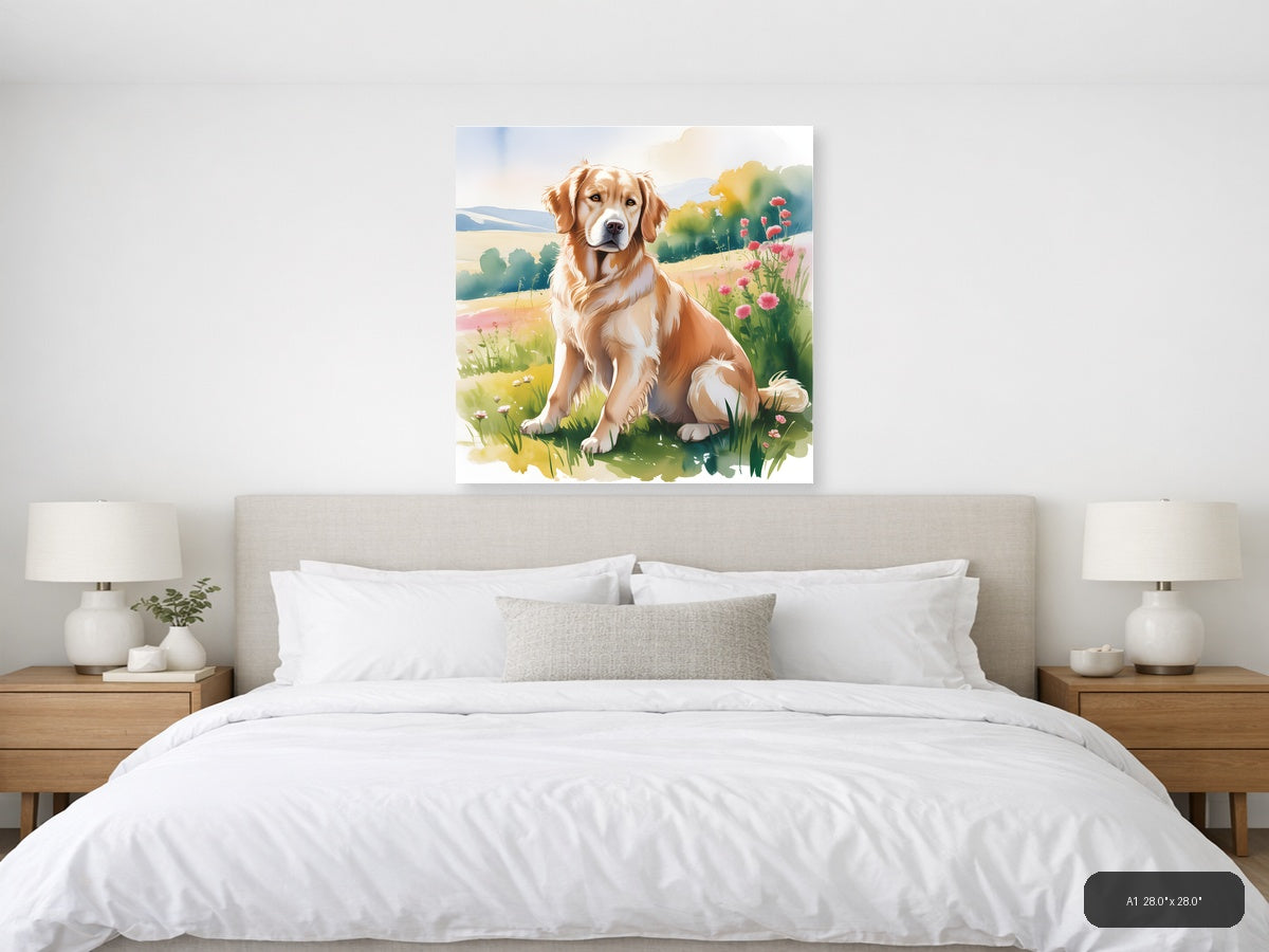 Brown and White Dog in Wildflower Meadow Watercolor Wall Art — A1 / Bedroom