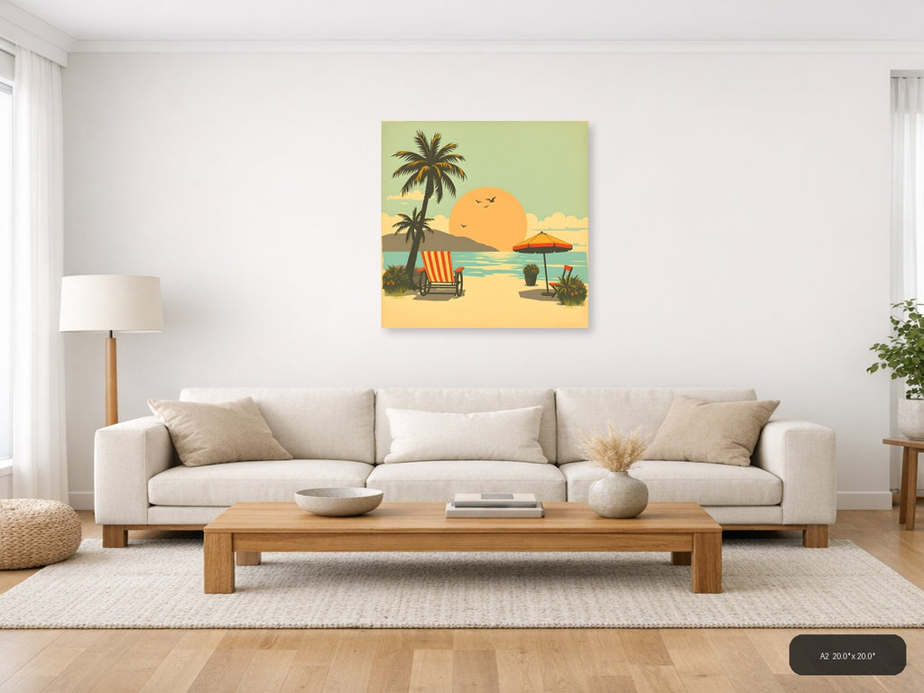 Vintage Beach Sunset Palm Tree Scene Wall Art — A2 / Living Room