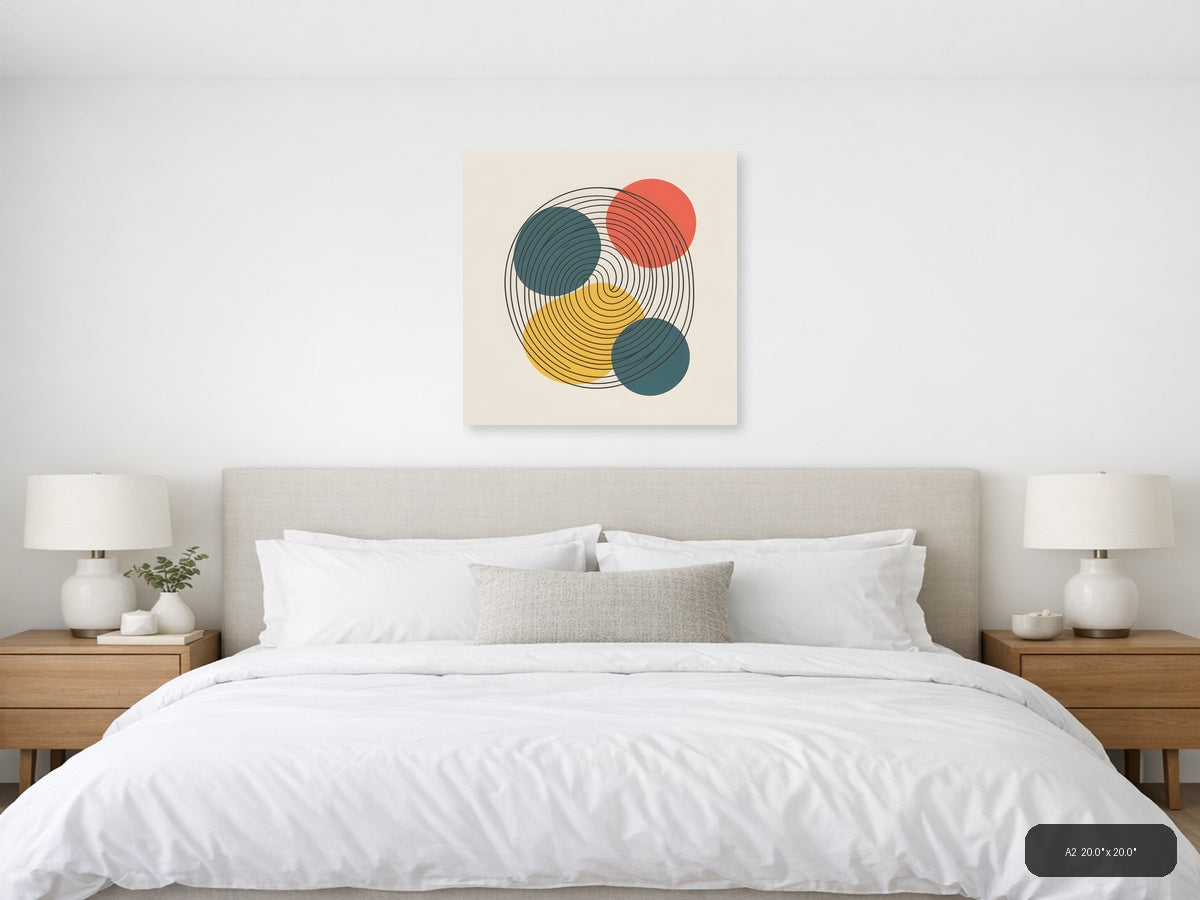 Modern Geometric Circle Line Art with Teal, Gold & Coral Wall Art — A2 / Bedroom