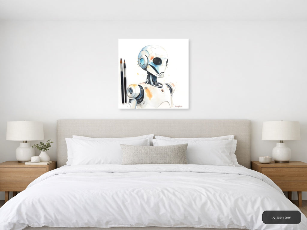 Futuristic Robot Portrait Watercolor Wall Art — A2 / Bedroom