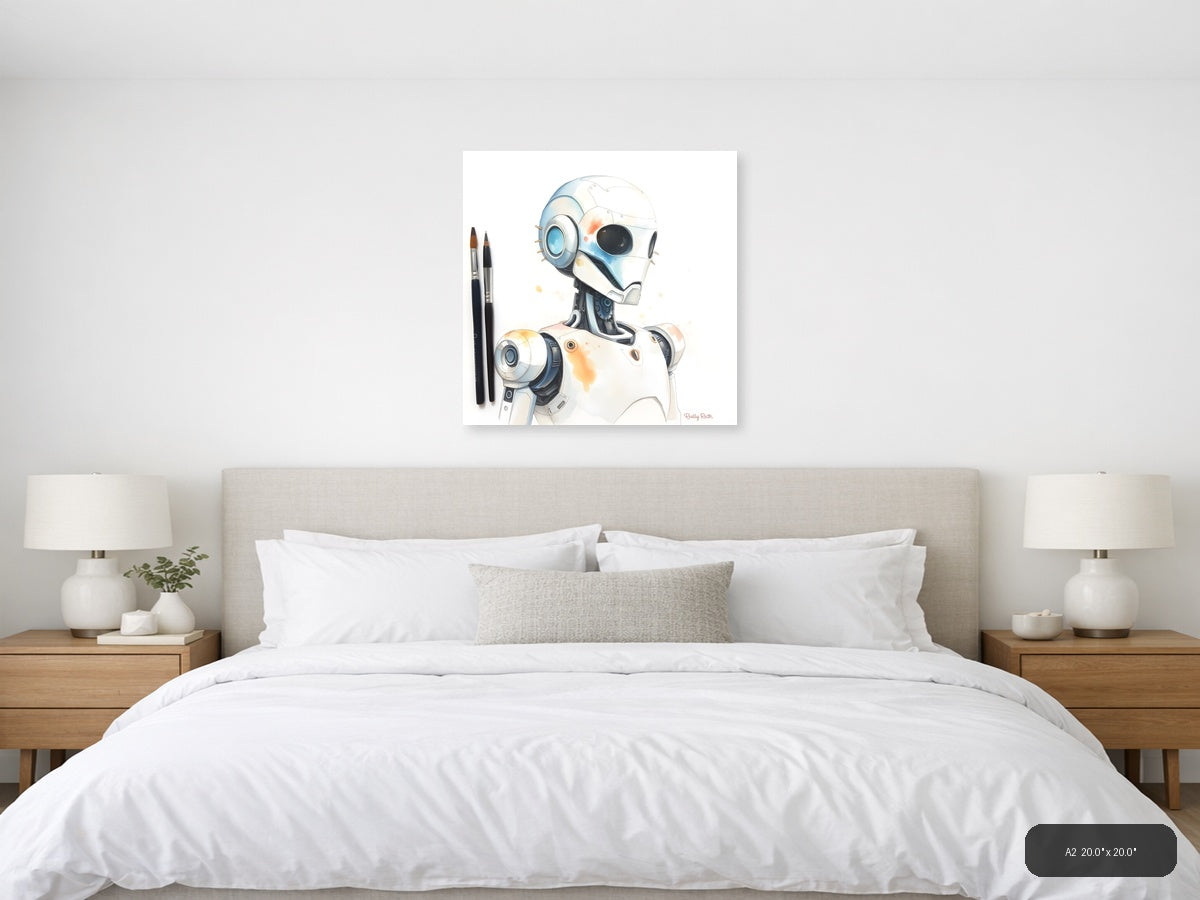 Futuristic Robot Portrait Watercolor Wall Art — A2 / Bedroom