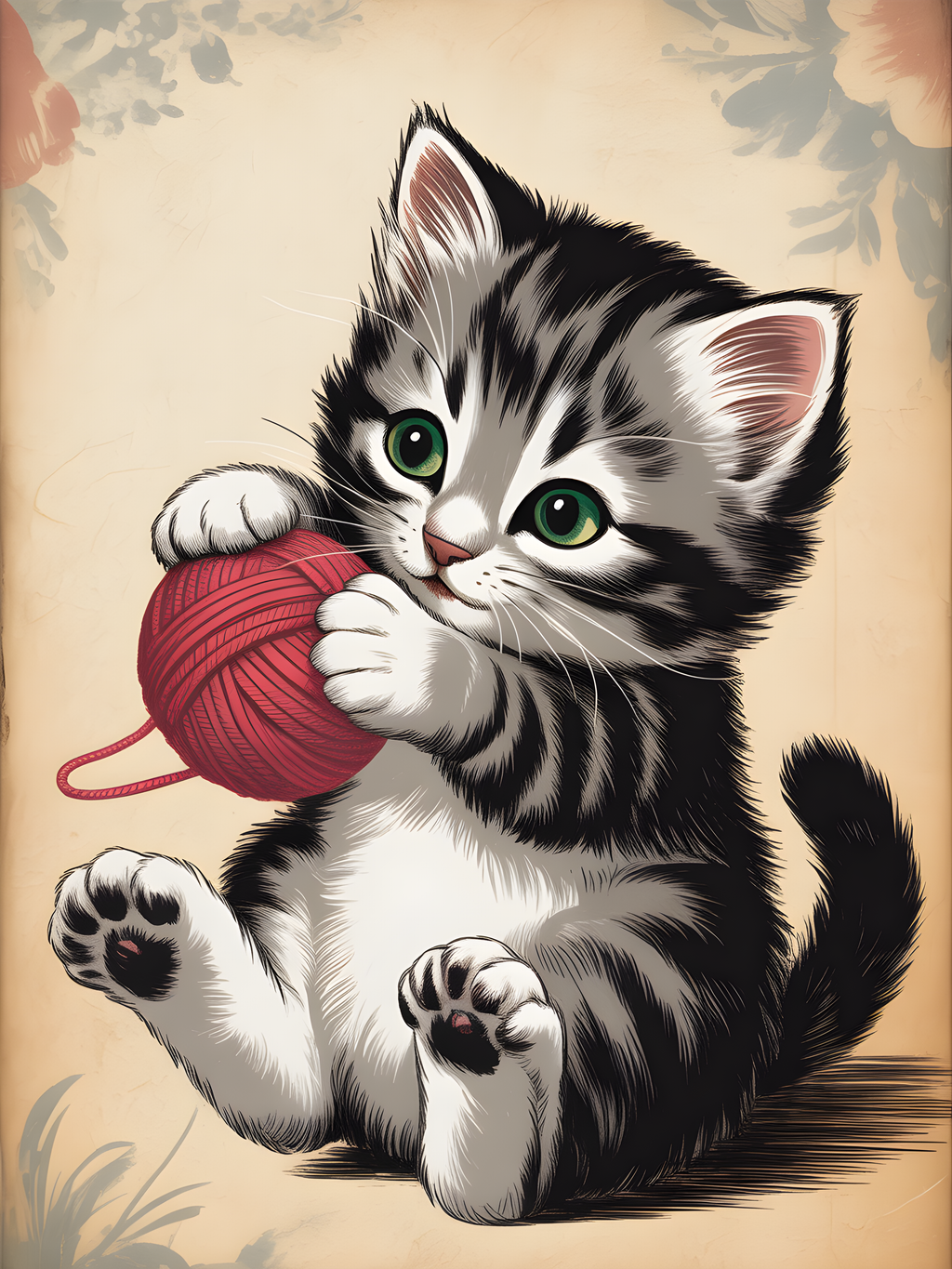 Playful Kitten with Red Yarn Ball Vintage Wall Art
