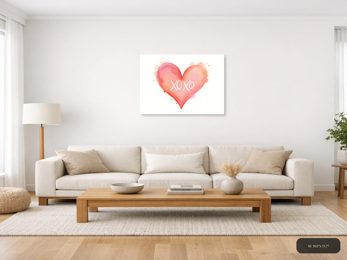 XOXO Watercolor Heart Pink Gradient Wall Art — A3 / Living Room