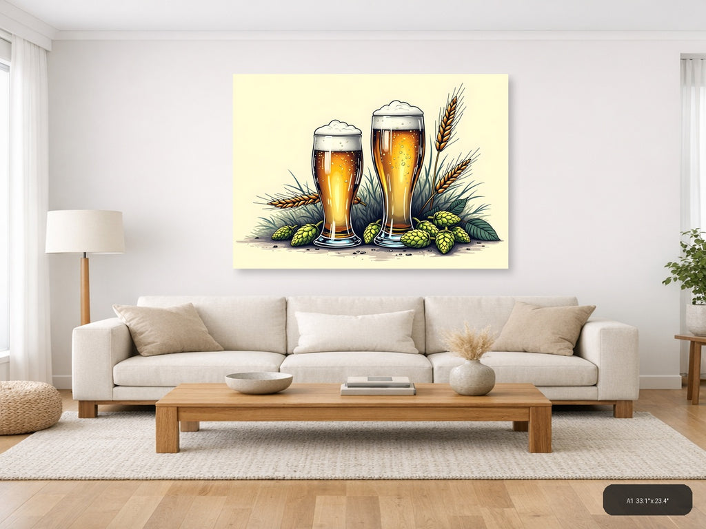 Beer Glasses with Hops and Wheat Line Art Wall Art — A1 / Living Room