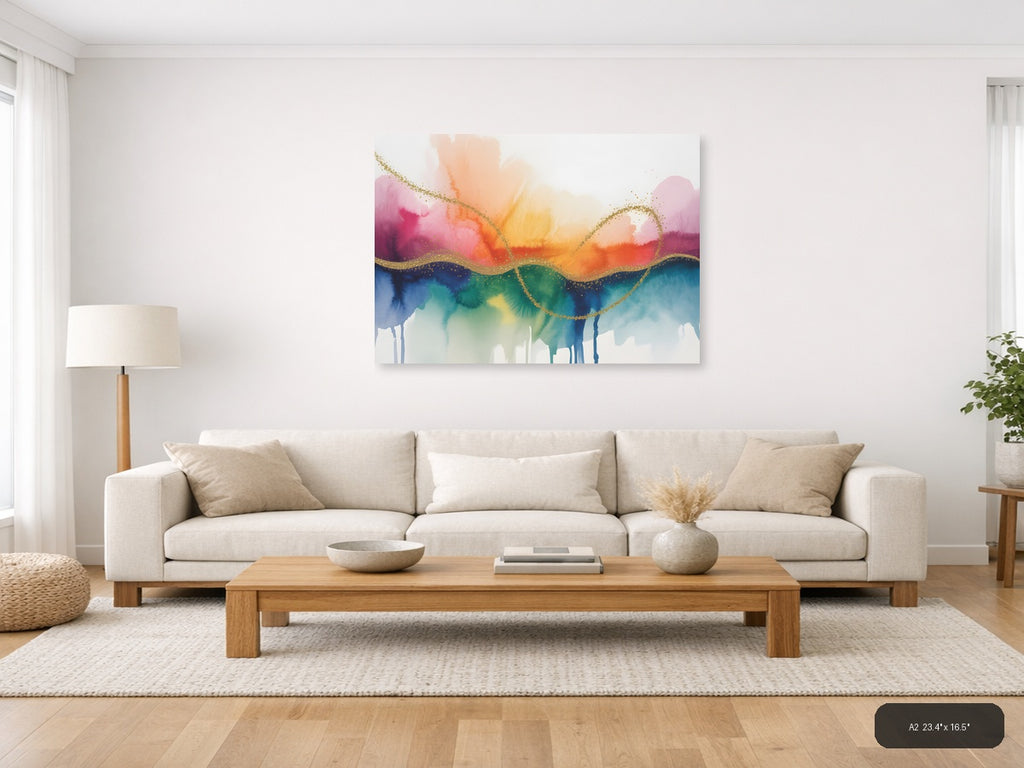 Rainbow Watercolor Landscape with Gold Wave Lines Wall Art — A2 / Living Room