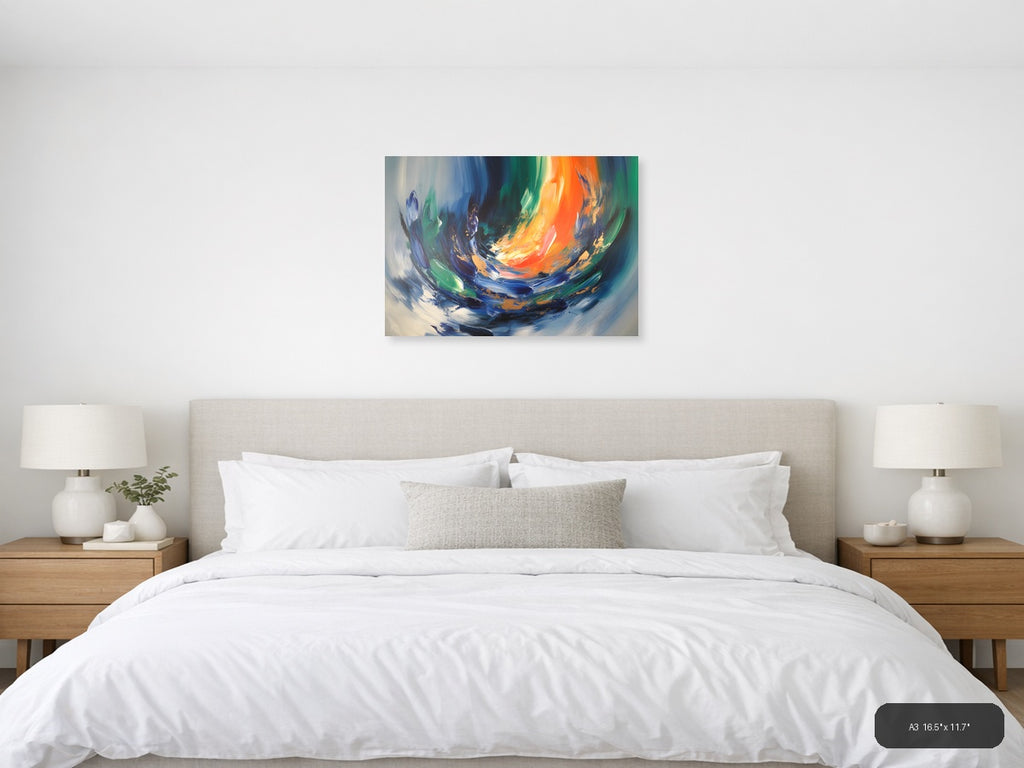 Vibrant Abstract Swirl with Orange and Blue Wall Art — A3 / Bedroom