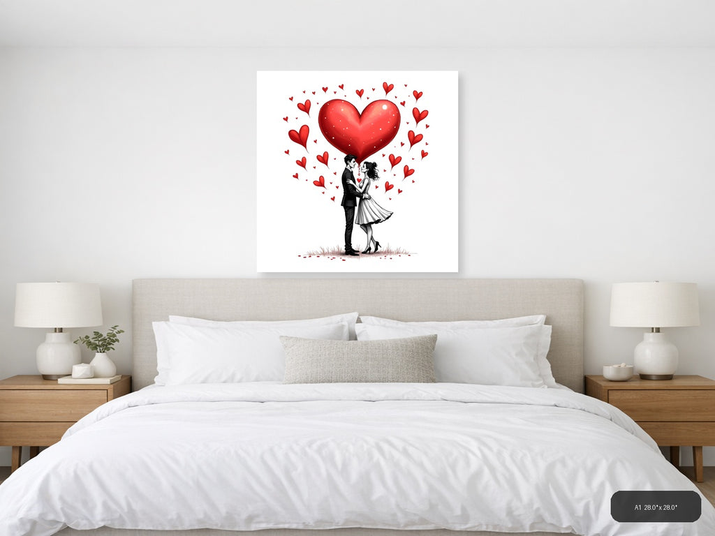 Couple in Love Line Art with Red Hearts Wall Art — A1 / Bedroom