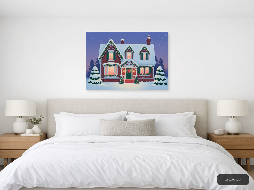 Vintage Christmas House Snow Scene Landscape Wall Art — A2 / Bedroom