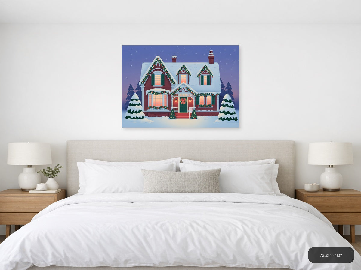 Vintage Christmas House Snow Scene Landscape Wall Art — A2 / Bedroom