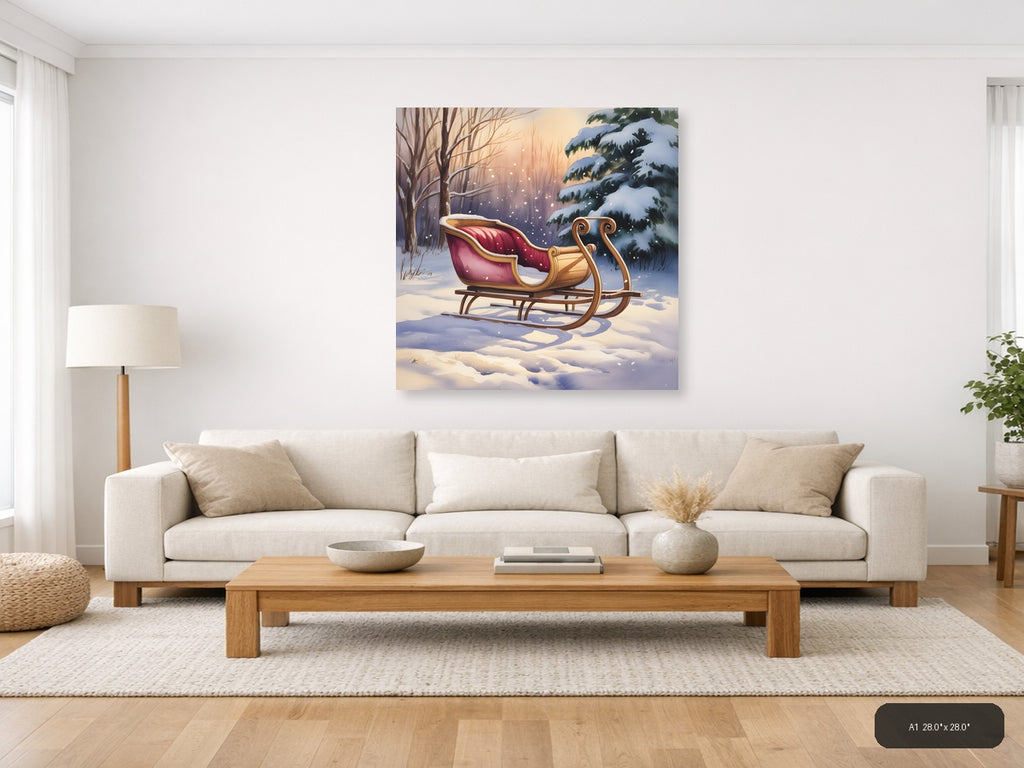 Santa's Sleigh Winter Forest Watercolor Wall Art — A1 / Living Room