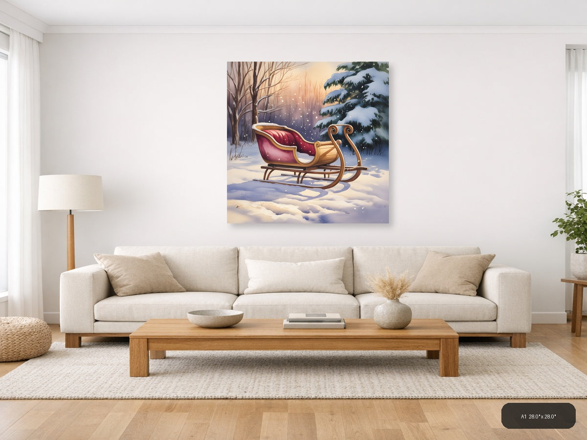 Santa's Sleigh Winter Forest Watercolor Wall Art — A1 / Living Room