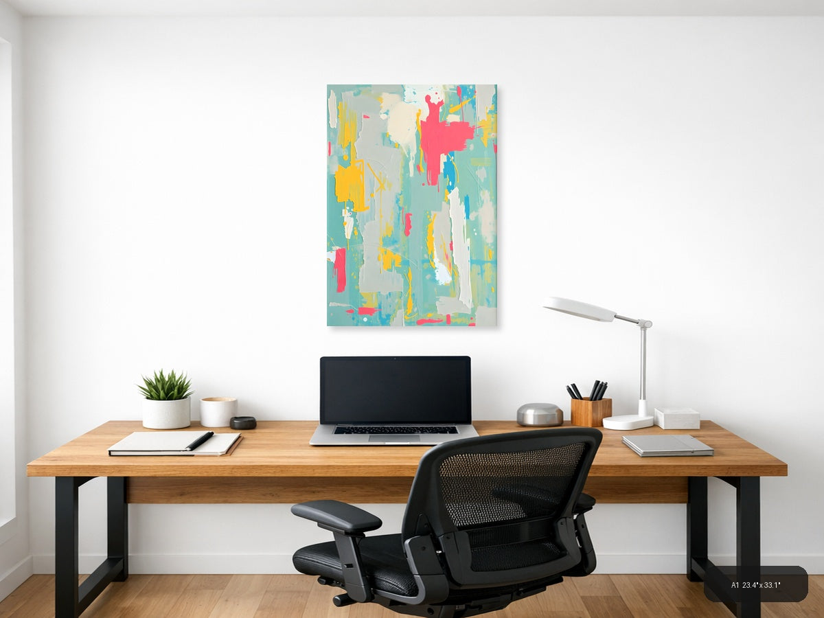 Vibrant Abstract Splatter Turquoise Yellow Pink Wall Art — A1 / Office