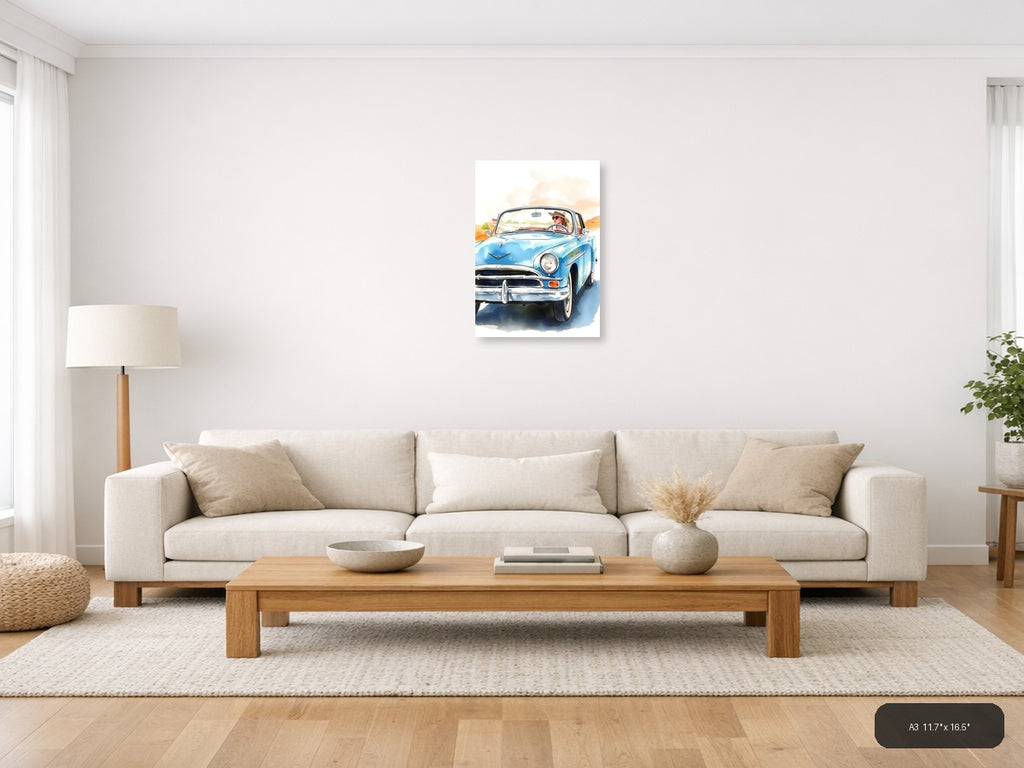 Blue Convertible Car Watercolor Portrait Wall Art — A3 / Living Room