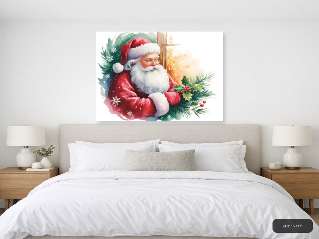 Santa Claus with Holly & Snowflakes Watercolor Wall Art — A1 / Bedroom