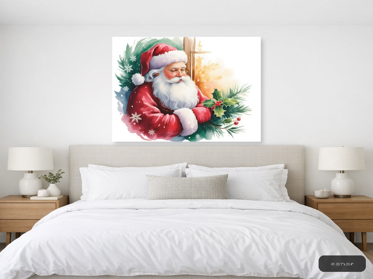 Santa Claus with Holly & Snowflakes Watercolor Wall Art — A1 / Bedroom