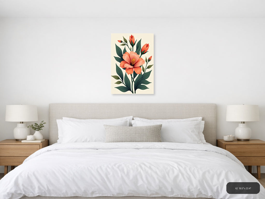 Coral Hibiscus Botanical Illustration Portrait Wall Art — A2 / Bedroom