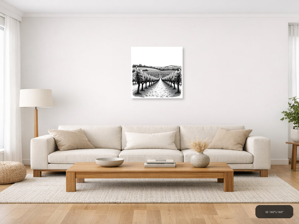 Vineyard Rows Line Art - Monochrome Landscape Wall Art — A3 / Living Room