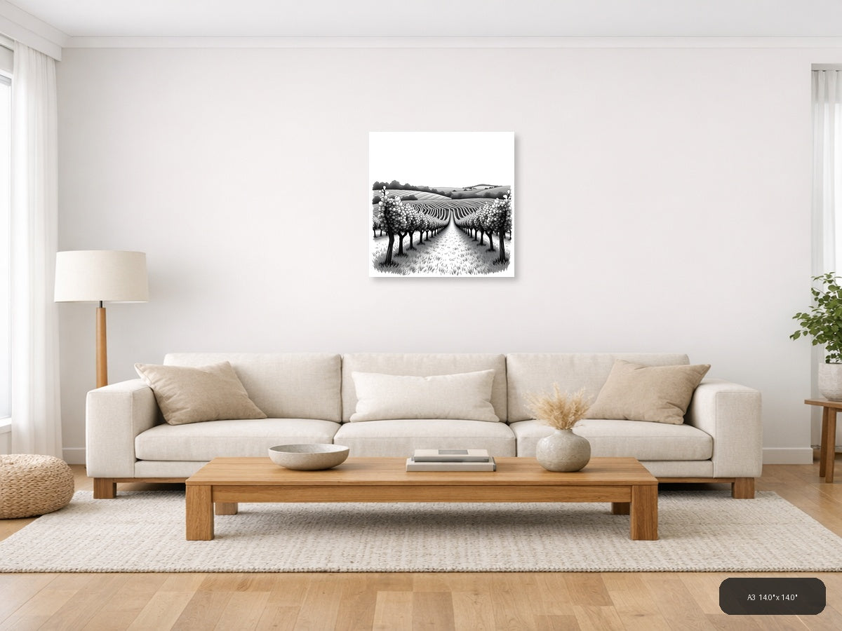 Vineyard Rows Line Art - Monochrome Landscape Wall Art — A3 / Living Room