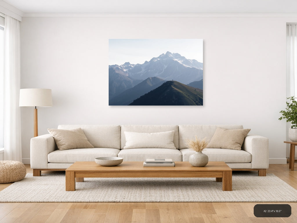 Solitary Hiker Mountain Peak Landscape | Minimalist Canvas Wall Art — A2 (Living Room)