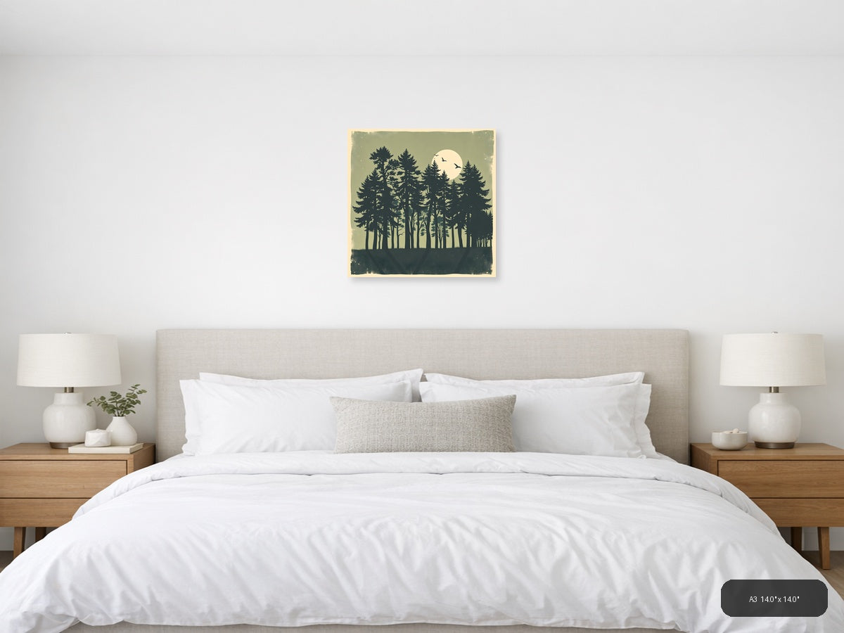 Vintage Forest Moon Silhouette Wall Art — A3 / Bedroom