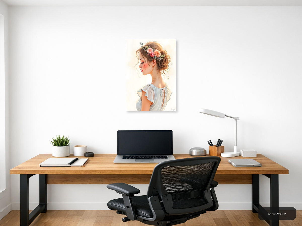 Elegant Woman with Floral Crown Watercolor Wall Art — A2 / Office
