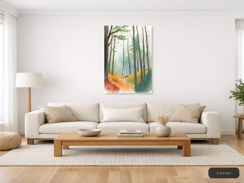 Misty Forest Path Watercolor Wall Art — A1 / Living Room
