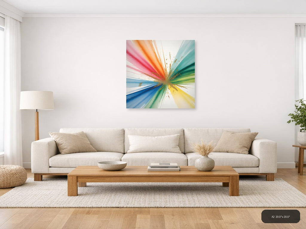 Rainbow Watercolor Burst with Gold Splatter Wall Art — A2 / Living Room