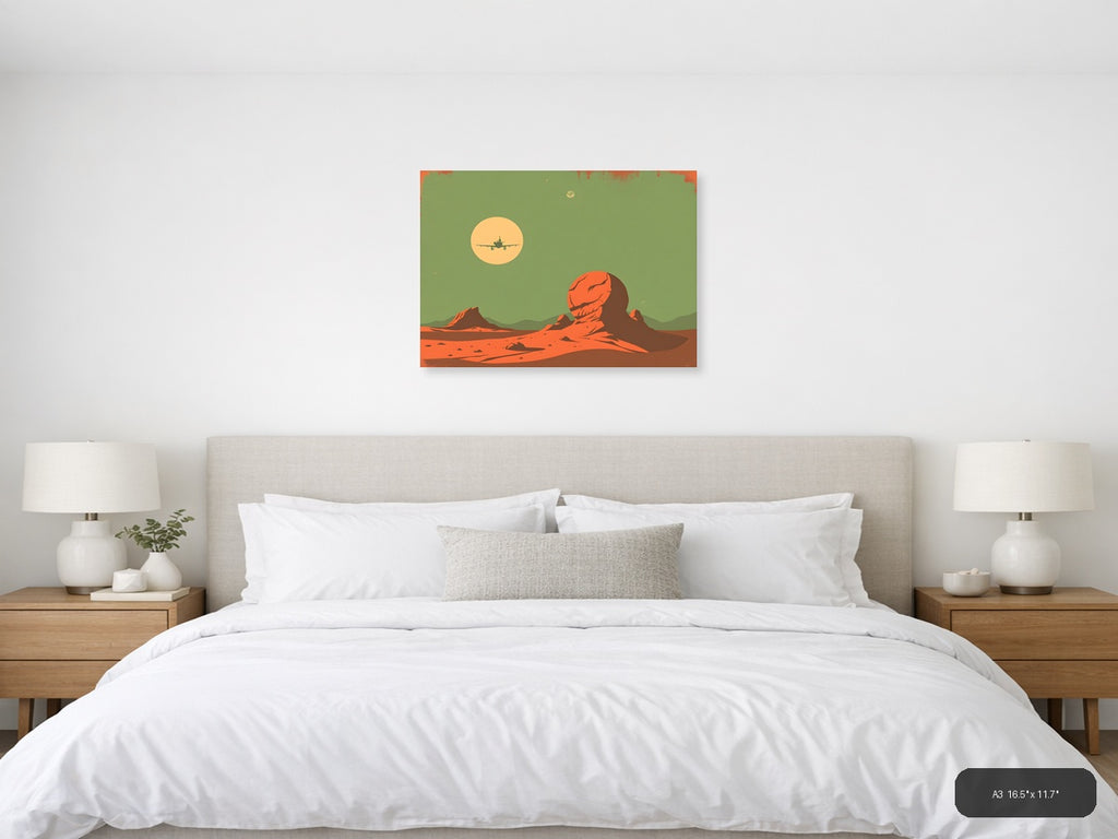 Vintage Mars Landscape Aircraft Silhouette Wall Art — A3 / Bedroom